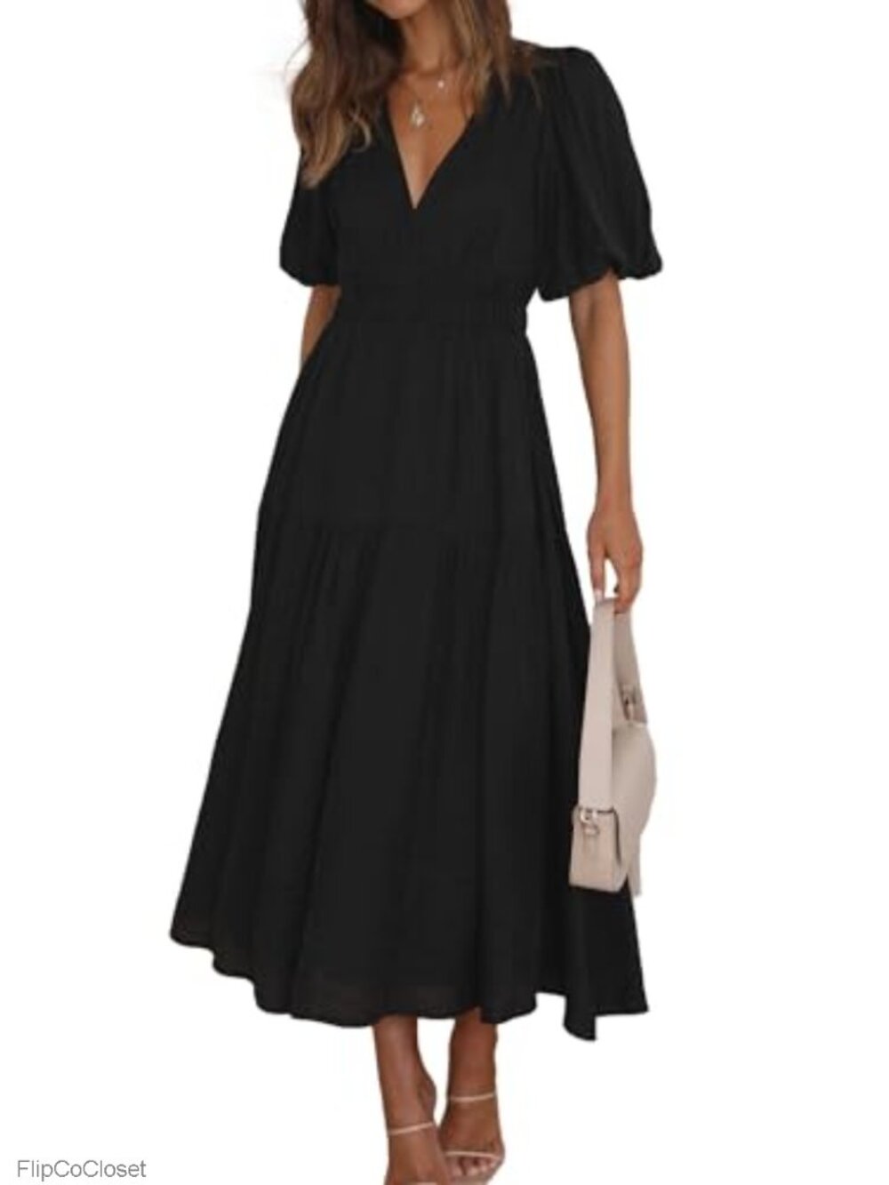 Flowy A-Line Maxi Dress with Puffy Short Sleeves